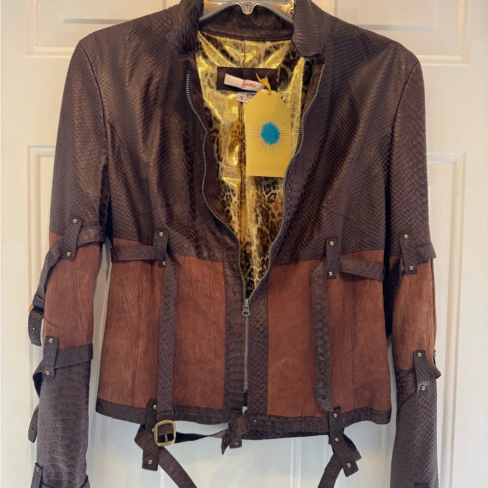 Brown Leather Jacket with Textured Design
